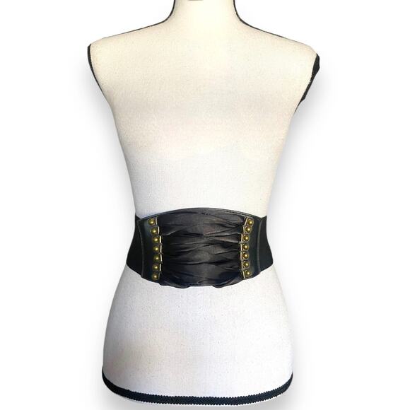 Vintage Corset Cinch Belt Black Stretch Elastic Faux Leather Snap Back Goth - Picture 3 of 8